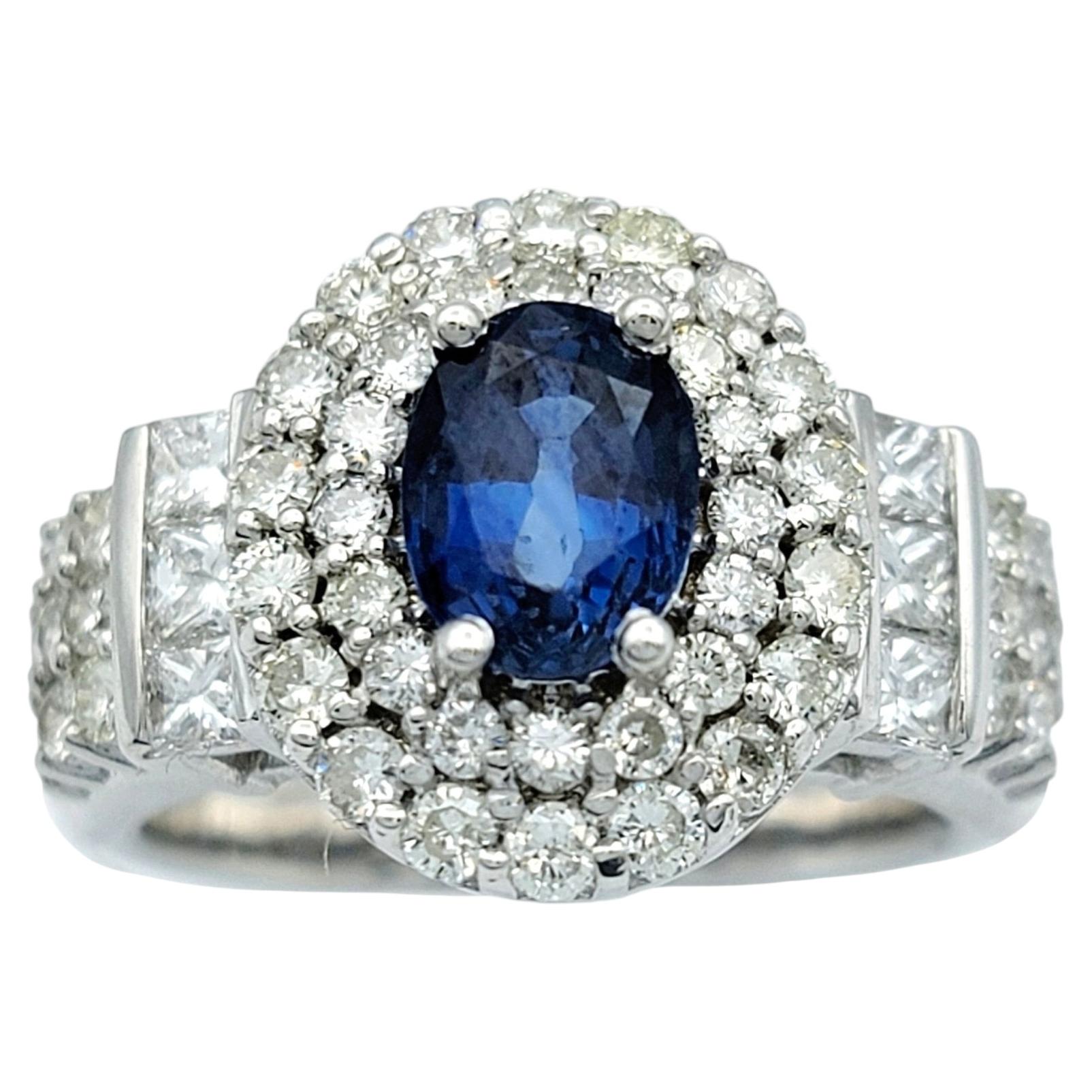 Oval Blue Sapphire and Double Diamond Halo Cocktail Ring in 14 Karat White Gold