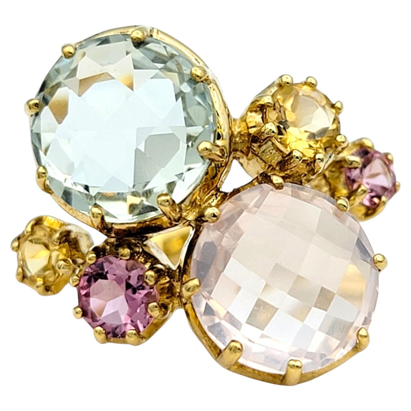Bague cocktail en or jaune 10 carats avec pierres de quartz multicolores