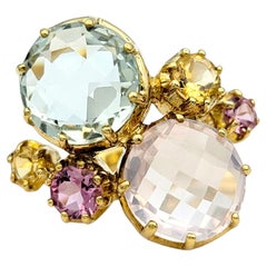 Multi-Colored Quartz Gemstone Cluster Cocktail Ring in 10 Karat Yellow Gold