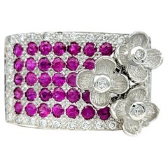 Le Vian Multi-Row Ruby and Diamond Wide Band Ring with Flowers in 14 Karat Gold