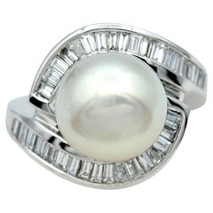 Cultured Akoya Pearl and Baguette Diamond Halo Cocktail Ring 18 Karat White Gold