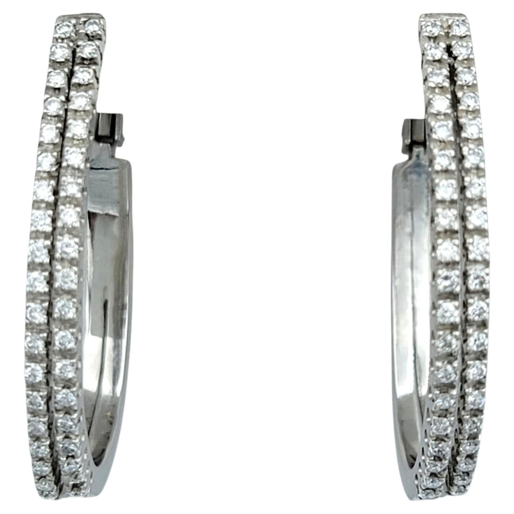 Raima Round Diamond Double Column Oval Hoop Earrings Set in 18 Karat White Gold For Sale