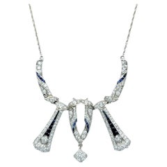 Diamond and Blue Sapphire Art Deco Necklace with Milgrain in 14 Karat White Gold