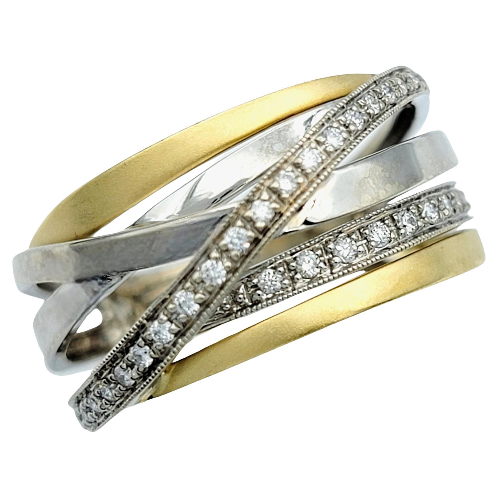 Two Tone 18 Karat Gold Criss-Cross Multi Row Band Ring with Diamonds For Sale