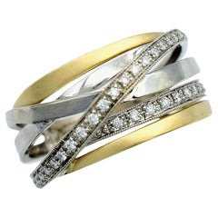 Two Tone 18 Karat Gold Criss-Cross Multi Row Band Ring with Diamonds