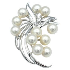 Mikimoto White Akoya Cultured Pearl Spray Brooch Set in 14 Karat White Gold