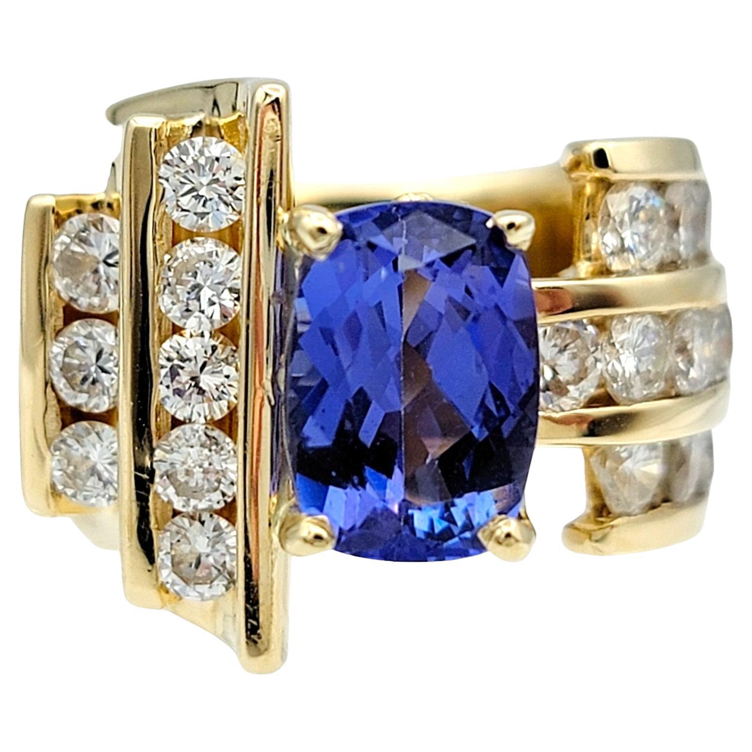 Cushion Cut Tanzanite and Round Diamond Asymmetrical Cocktail Ring 14 Karat Gold
