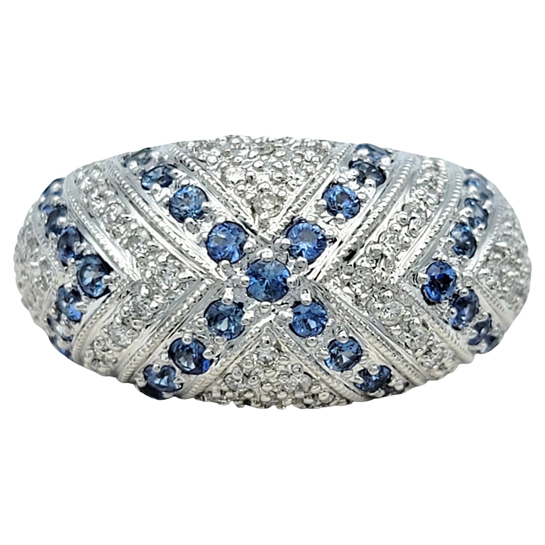 John C. Rinker Pave Diamond and Blue Sapphire Dome Ring in 14 Karat White Gold