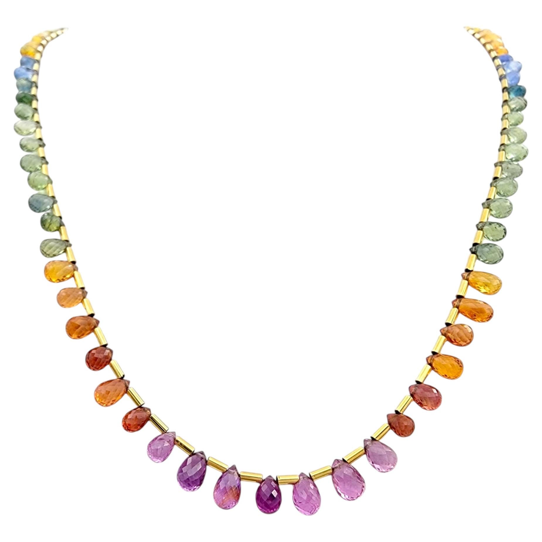 Multi-Colored Rainbow Briolette Gemstone Strand Necklace in 18 Karat Yellow Gold