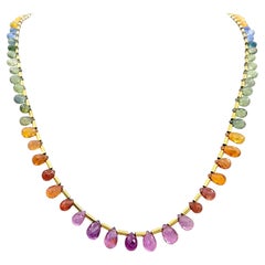 Multi-Colored Rainbow Briolette Gemstone Strand Necklace in 18 Karat Yellow Gold