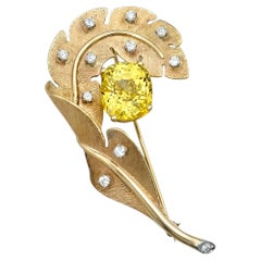 18.80 Carat Yellow Sapphire Feather Brooch with Diamonds in 14 Karat Rose Gold