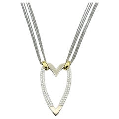 Elongated Open Heart Multi Strand Necklace with Diamonds Two-Tone 18 Karat Gold