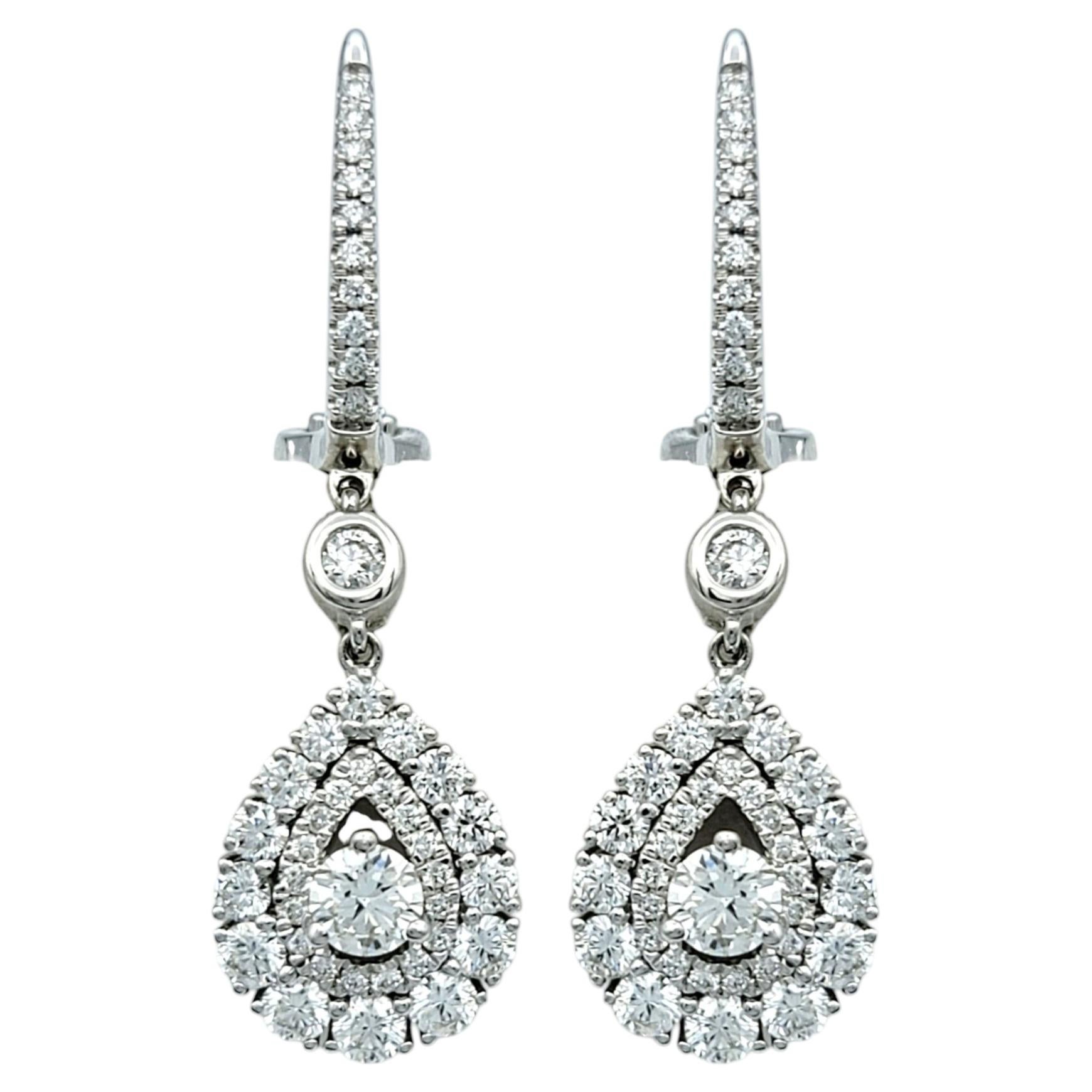 Diamond Cluster Teardrop Dangle Omega Back in Earrings in 14 Karat Gold