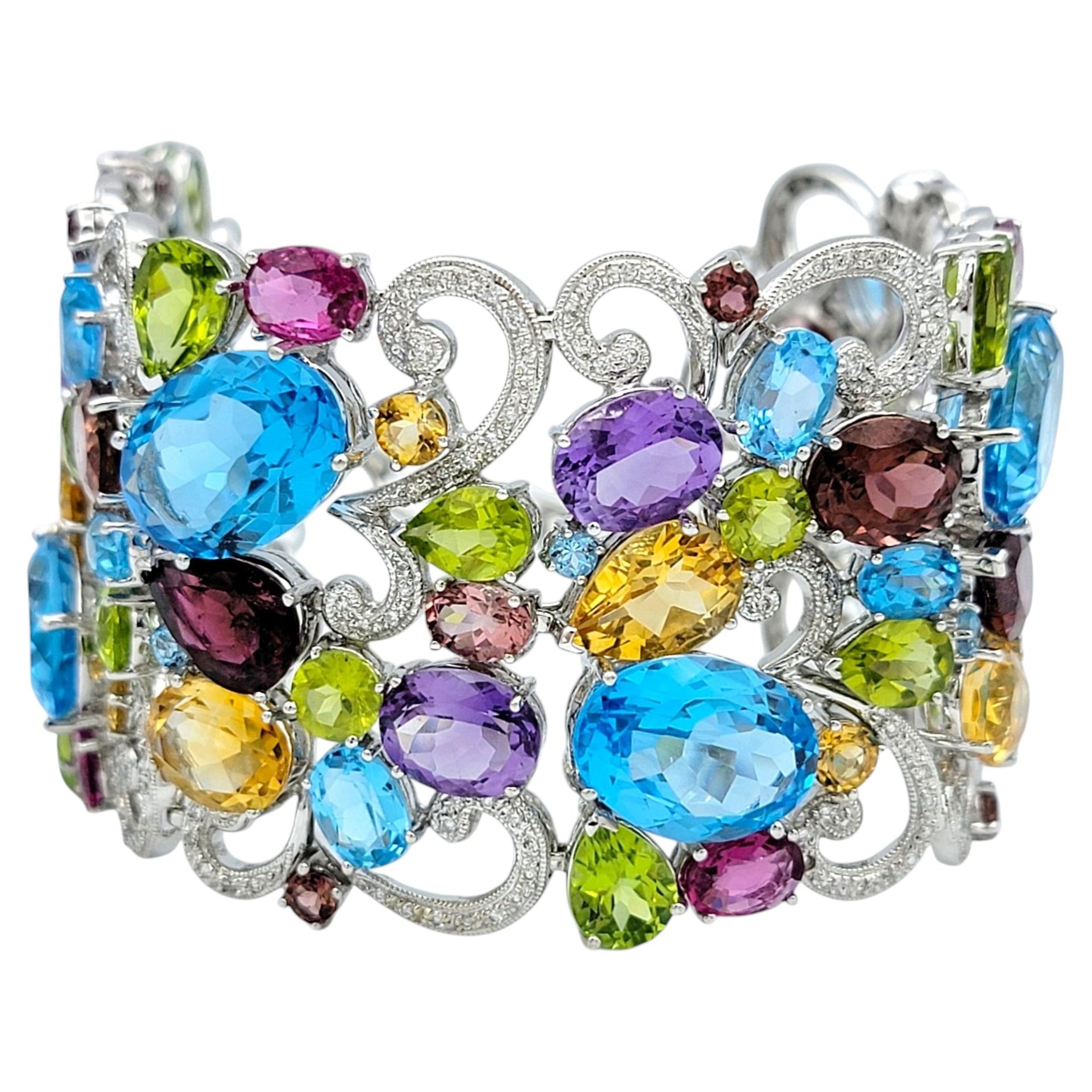 110.91 Carat Multi-Gemstone & Diamond Wide Filigree Cuff Bracelet 14 Karat Gold