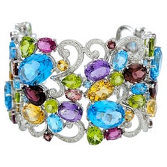 110.91 Carat Multi-Gemstone & Diamond Wide Filigree Cuff Bracelet 14 Karat Gold