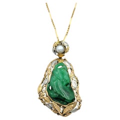 Carved Jadeite and Akoya Pearl Leaf Motif Pendant Necklace in Two-Tone 14K Gold
