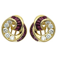 Charles Krypell Diamond and Ruby Swirl Omega Back Stud Earring in 18 Karat Gold