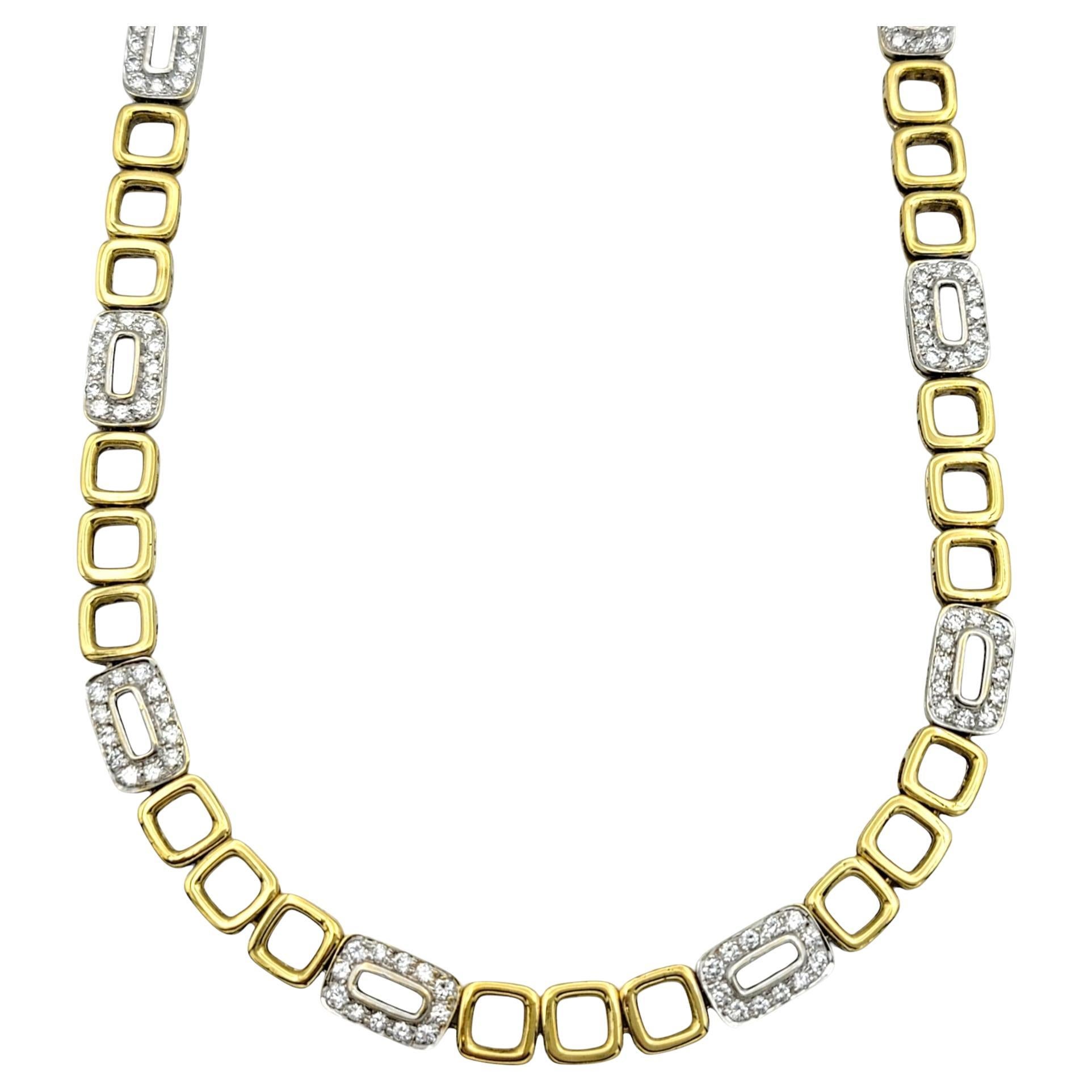 Contemporary Open Square Pavé Diamond 30.5" Long Link Necklace 18 Karat Gold For Sale