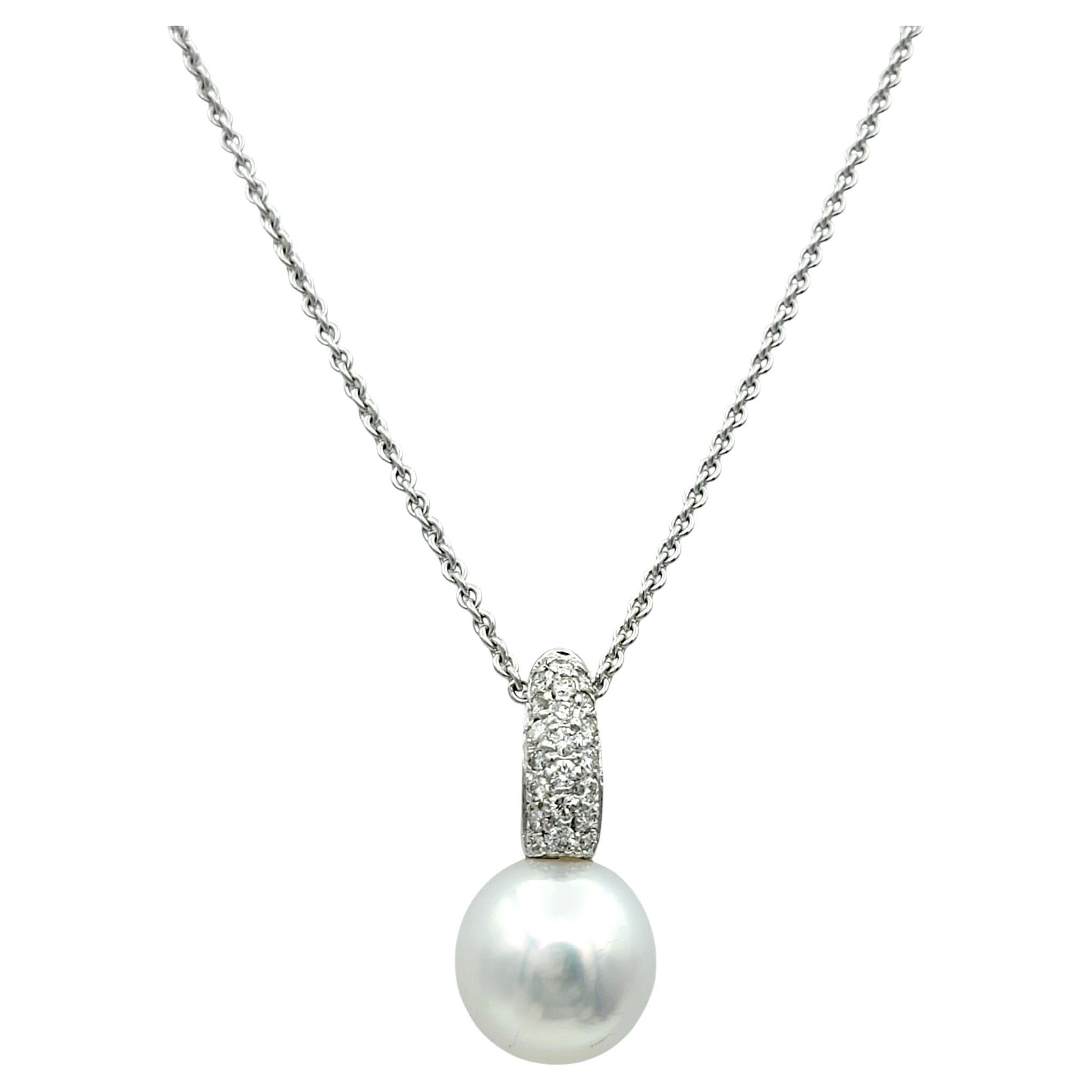 White Akoya Pearl and Pavé Diamond Pendant Necklace in 18 Karat White Gold
