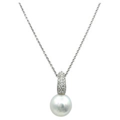 White Akoya Pearl and Pavé Diamond Pendant Necklace in 18 Karat White Gold