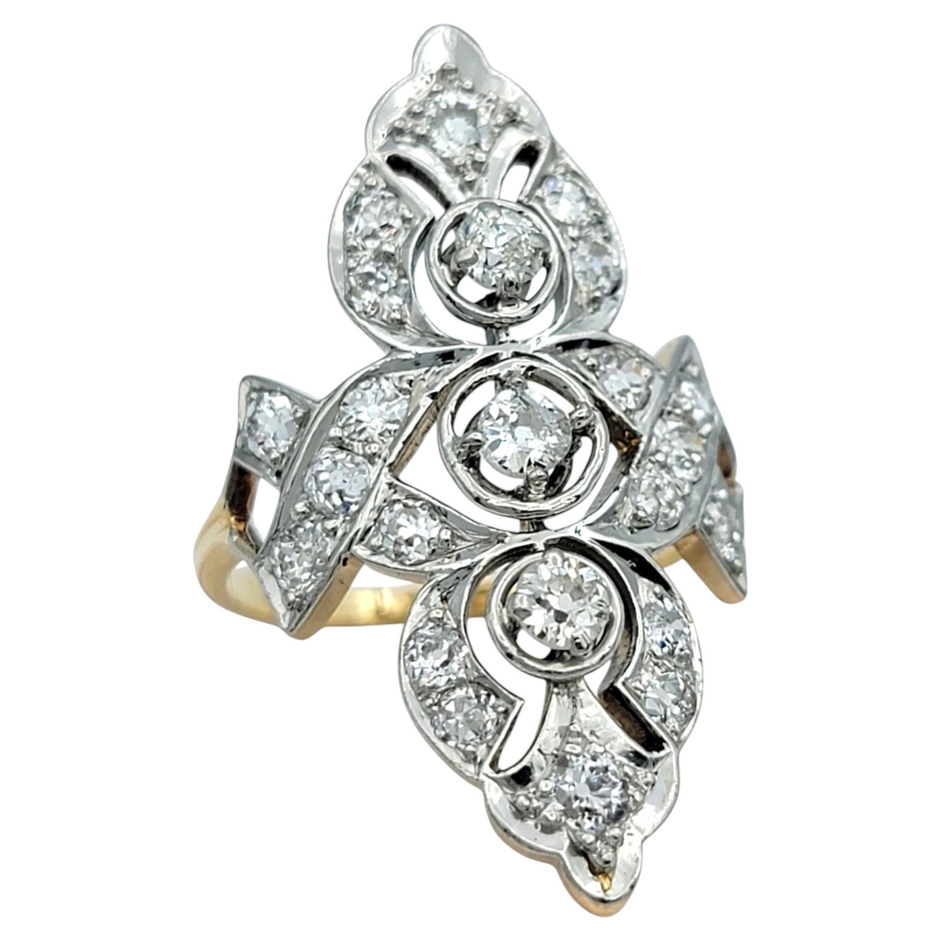 Antiker Old European Cut Diamond Navette Ring in 14 Karat Gelb- und Weißgold