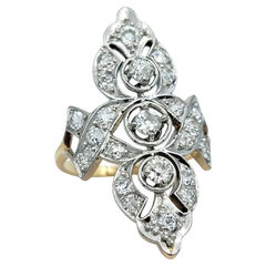 Antique Old European Cut Diamond Navette Ring in 14 Karat Yellow and White Gold