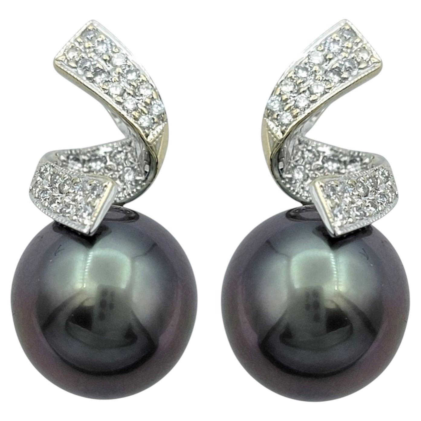 Black Tahitian Pearl and Pavé Diamond Ribbon Stud Earrings 18 Karat White Gold For Sale