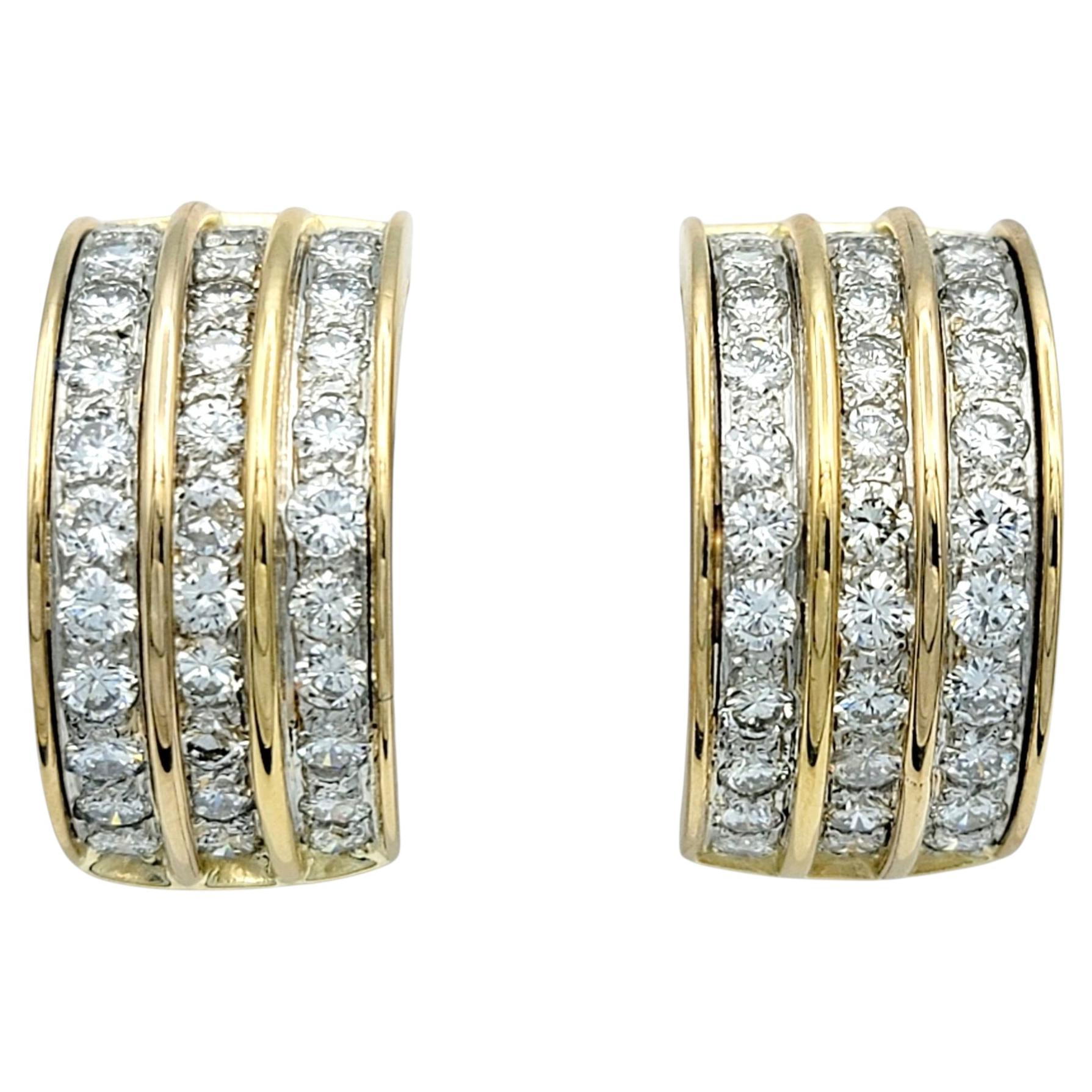 Breite, mehrreihige, runde Diamant-Halbreif-Ohrringe aus 14 Karat Gelbgold und Platin im Angebot