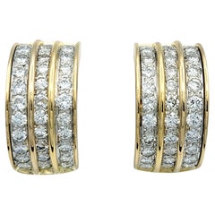 Wide Multi-Row Round Diamond Half Hoop Earrings 14 Karat Yellow Gold & Platinum