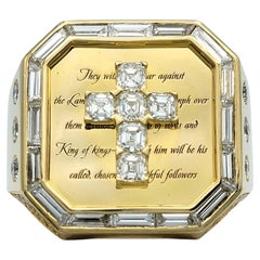 Mens Diamond Cross and Engraved Scripture Large Signet Ring 14 Karat Yellow Gold