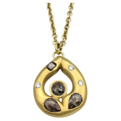 Brushed 18 Karat Gold Teardrop Pendant Necklace with Brown and White Diamonds