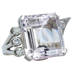 20.32 Carat Square Emerald Cut Kunzite Cocktail Ring with Diamonds 14 Karat Gold