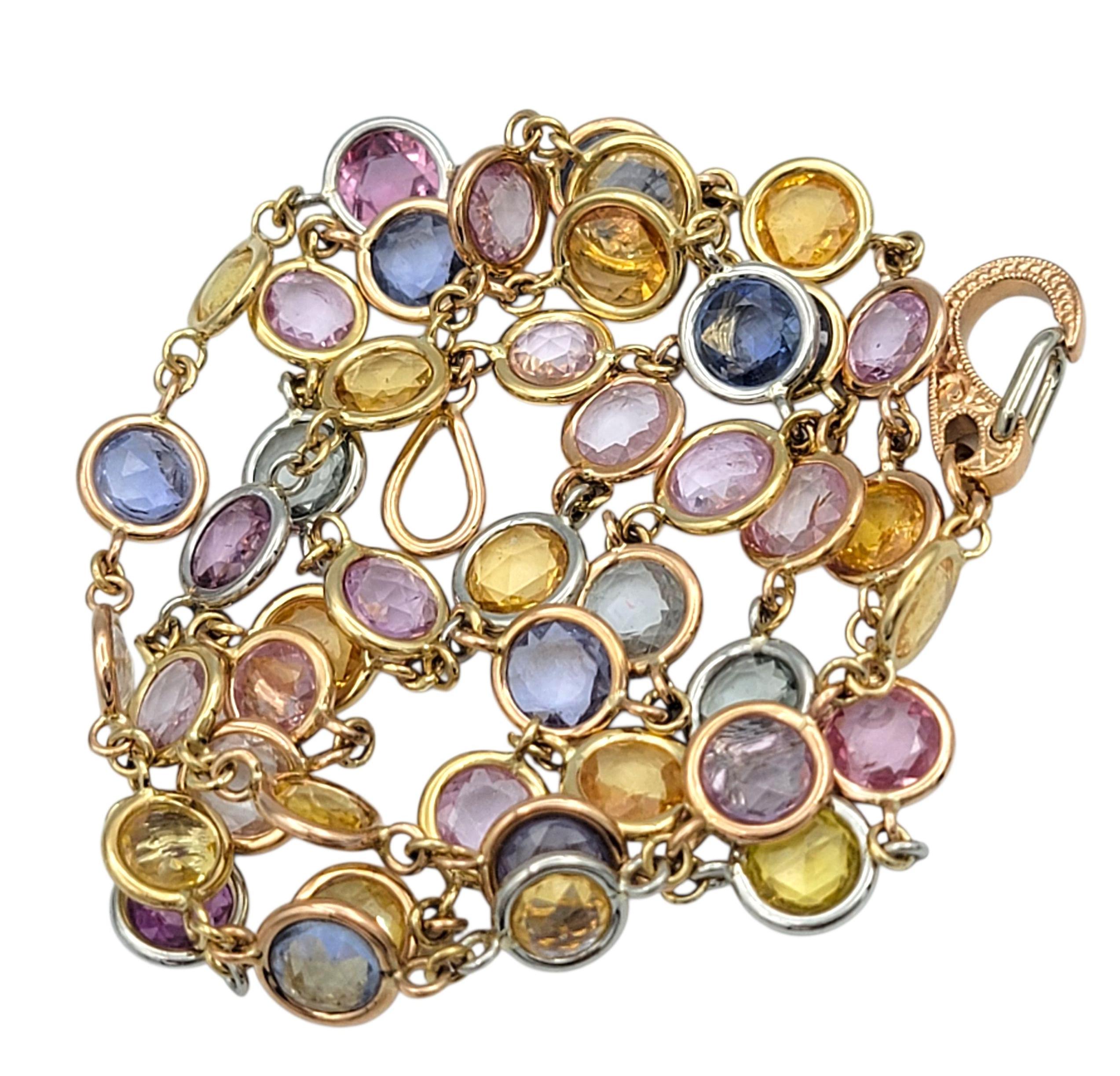 Collier à maillons en or tricolore 18 carats et saphir naturel multicolore taillé en rose Pour femmes en vente
