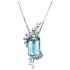 34.53 Carat Emerald Cut Aquamarine Pendant Necklace with Diamonds 14 Karat Gold