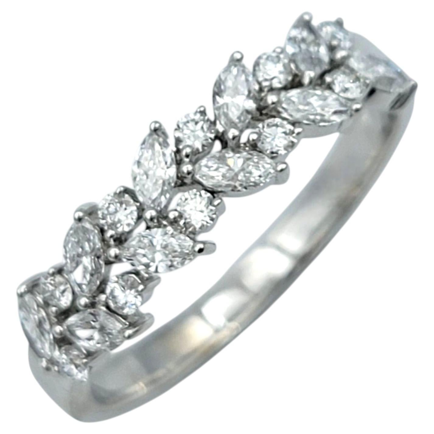 Alternating Marquise and Round Cut Diamond Band Ring 18 Karat White Gold