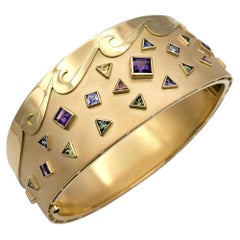 Square & Trillion Cut Multi-Colored Gemstone Wide Bangle Bracelet 14 Karat Gold