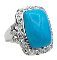 Cushion Cabochon Cut Turquoise & Diamond Filigree Cocktail Ring 14 Karat Gold
