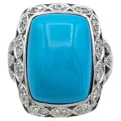 Anello da cocktail in oro 14 carati con turchese taglio cabochon e diamanti, decorato a filigrana