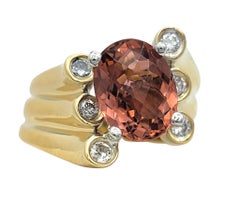 Asymmetrical Pink Tourmaline & Diamond Ridged Band Ring Two-Tone 14 Karat Gold