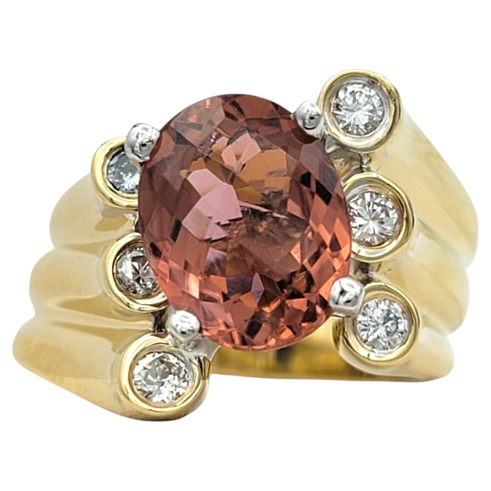 Asymmetrical Pink Tourmaline & Diamond Ridged Band Ring Two-Tone 14 Karat Gold For Sale