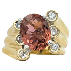 Asymmetrical Pink Tourmaline & Diamond Ridged Band Ring Two-Tone 14 Karat Gold