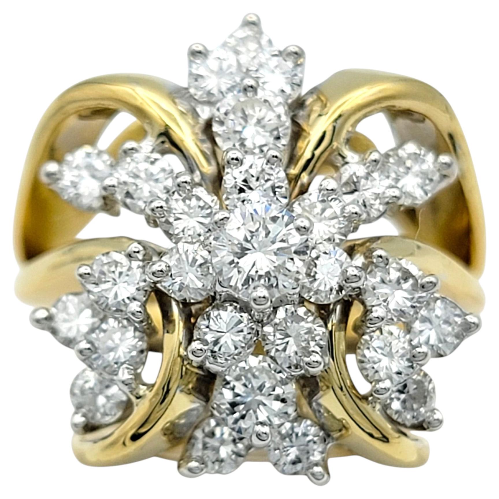 Round Diamond Cluster Split Shank Cocktail Ring in Two-Tone 18 Karat Gold For Sale
