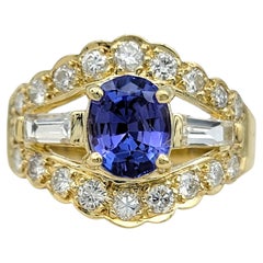 Tanzanite and Diamond Scalloped Edge Cut Out Band Ring in 14 Karat Yellow Gold