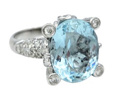 6.54 Carat Oval Aquamarine Cocktail Ring with Diamonds in 18 Karat White Gold