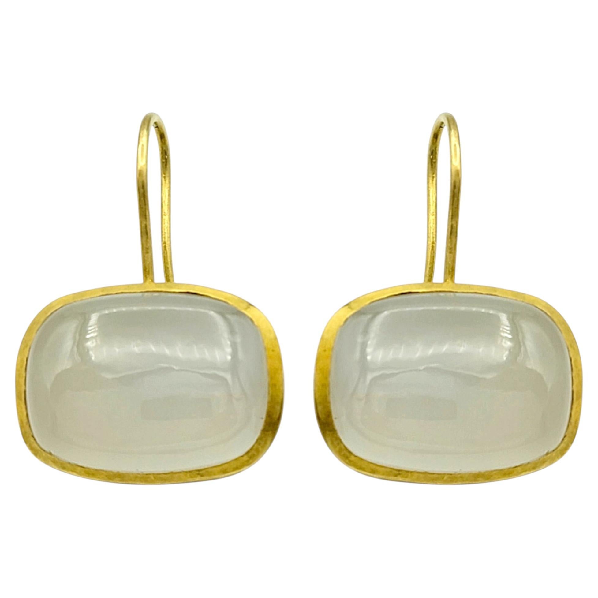 Cushion Cabochon Cut Moon Quartz Dangle Earrings in 18 Karat Yellow Gold For Sale