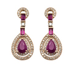 Multi Ruby and Double Diamond Halo Teardrop Earrings in 14 Karat Rose Gold