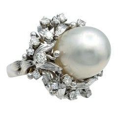 Freshwater Pearl and Multi Diamond Cocktail Ring in 14 Karat White Gold
