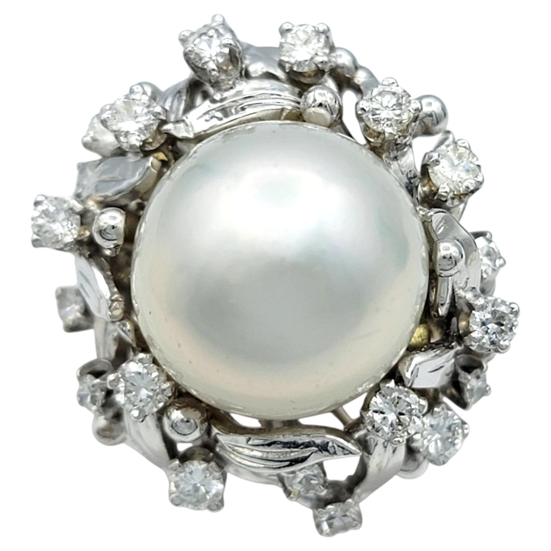 Freshwater Pearl and Multi Diamond Cocktail Ring in 14 Karat White Gold For Sale