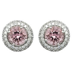Round Pink Tourmaline and Pavé Diamond Halo Stud Earrings in 18 Karat White Gold