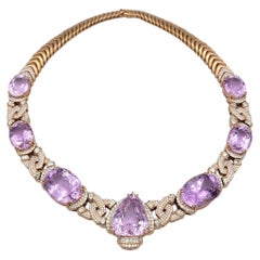 Mixed Cut Kunzite and Pavé Diamond Statement Necklace in 14 Karat Rose Gold